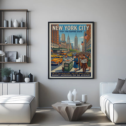 New York City Empire State Building vintage travel poster with text.