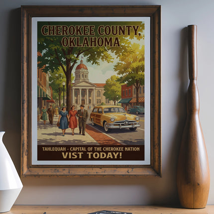 Poster for Cherokee County, Oklahoma featuring Tahlequah and a vintage car.
