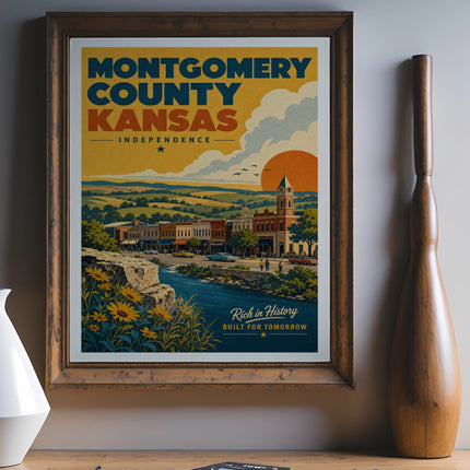 Montgomery County Kansas vintage travel poster with town and landscape.