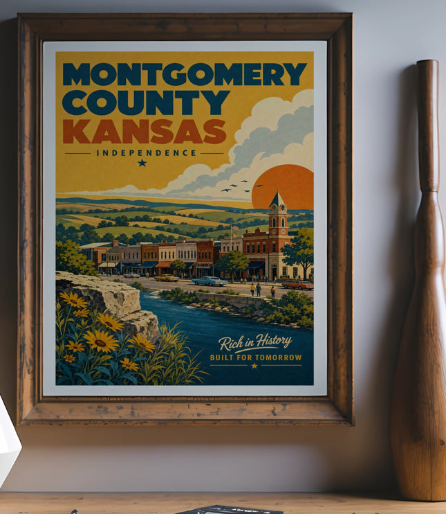 Montgomery County Kansas vintage travel poster with town and landscape.