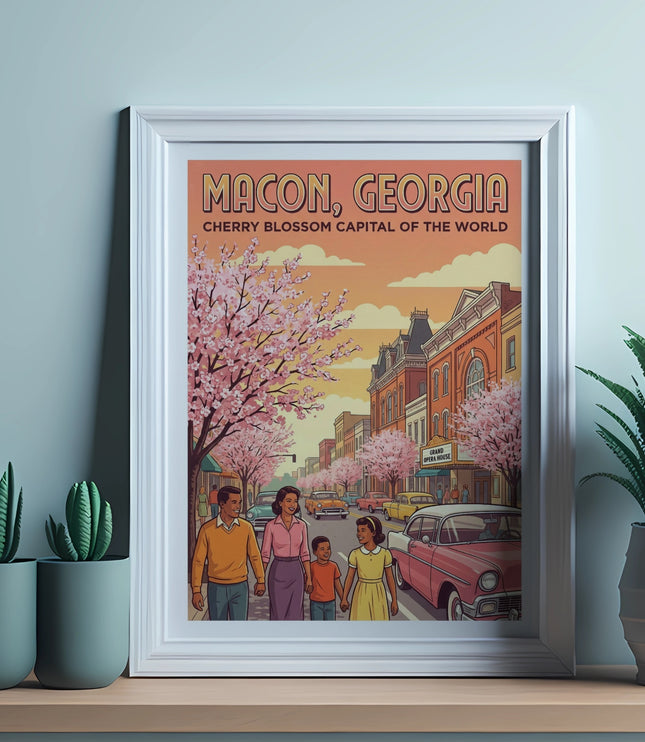 Macon, Georgia Cherry Blossom Capital poster with a family walking past storefronts.