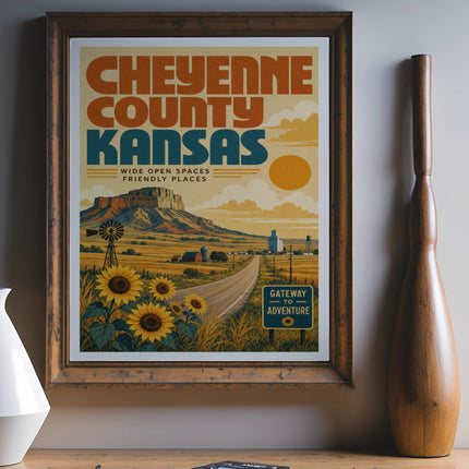Vintage Cheyenne County Kansas travel poster with sunflowers and a road.