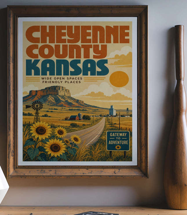 Vintage Cheyenne County Kansas travel poster with sunflowers and a road.