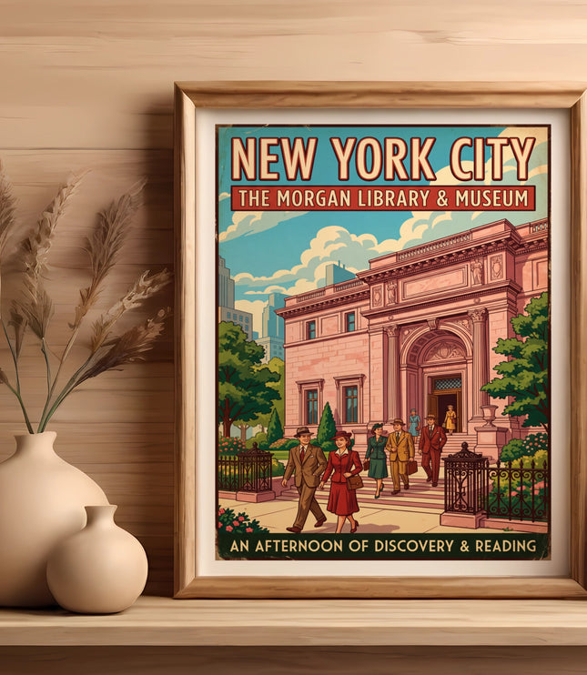 New York City poster, The Morgan Library & Museum, with people walking on steps.