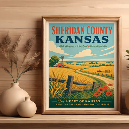 Sheridan County, Kansas vintage travel poster with text and rural landscape.