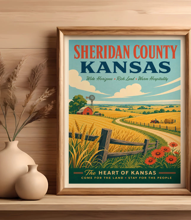 Sheridan County, Kansas vintage travel poster with text and rural landscape.