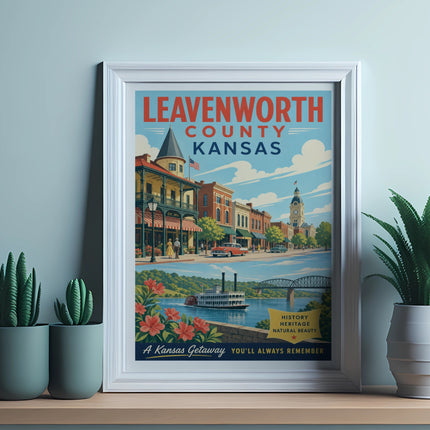 Leavenworth County, Kansas travel poster with riverboat and historic buildings.