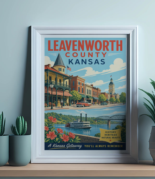 Leavenworth County, Kansas travel poster with riverboat and historic buildings.