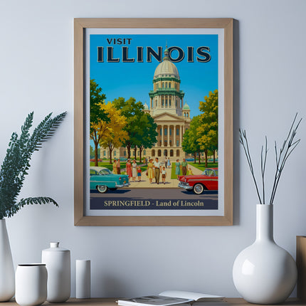Vintage travel poster for Springfield, Illinois, featuring the Capitol building and classic cars.