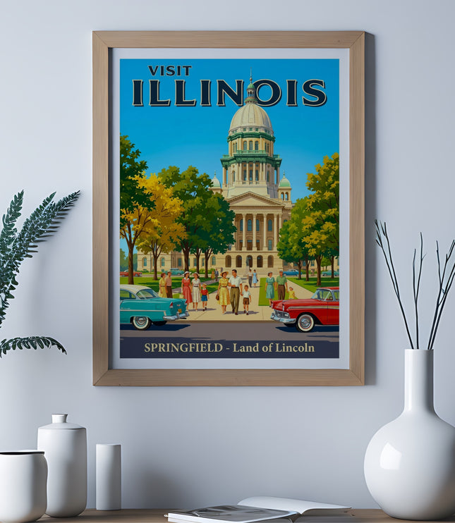 Vintage travel poster for Springfield, Illinois, featuring the Capitol building and classic cars.