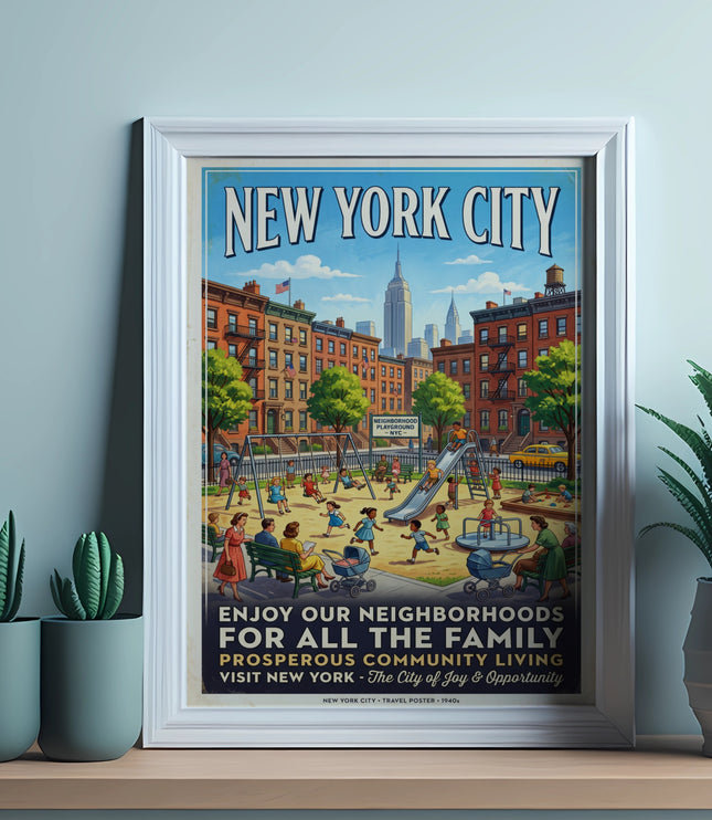 New York City travel poster depicts a bustling neighborhood playground scene in the 1940s.