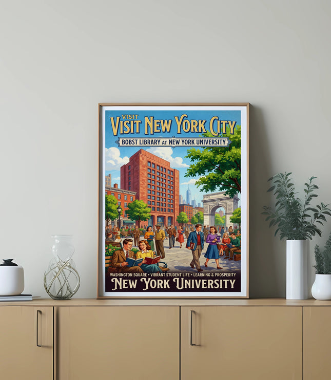Vintage poster of Bobst Library at New York University, Washington Square.