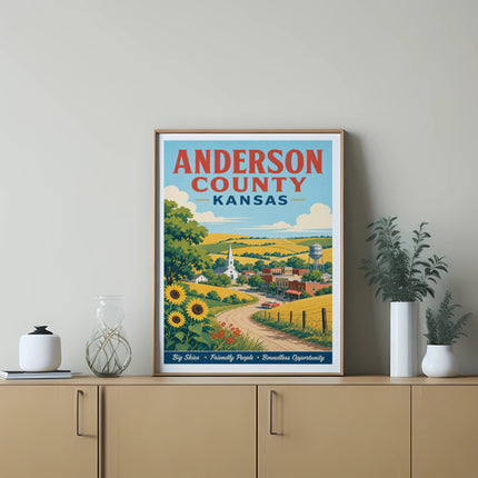 Anderson County, Kansas travel poster with sunflowers and small town landscape.