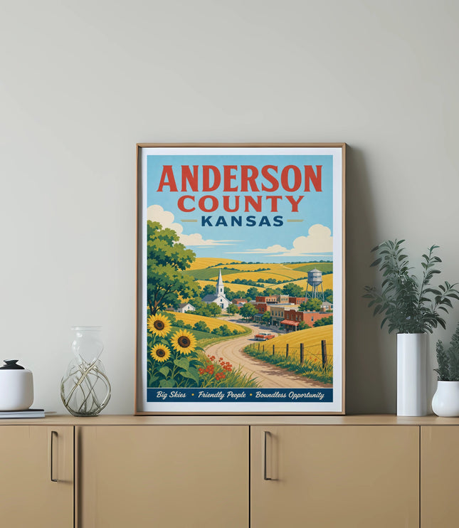 Anderson County, Kansas travel poster with sunflowers and small town landscape.