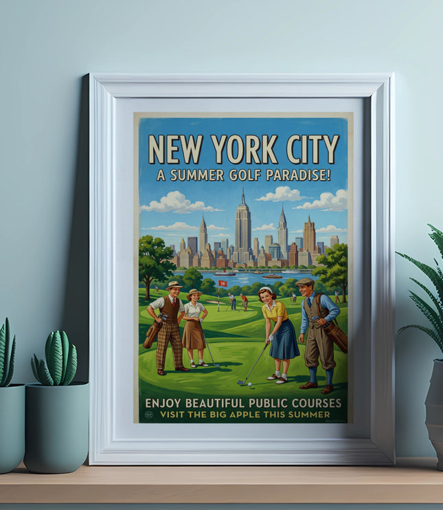 New York City poster with golfers and skyline reads "A Summer Golf Paradise!"