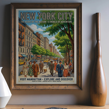 New York City travel poster featuring street scene and text "Visit Manhattan."