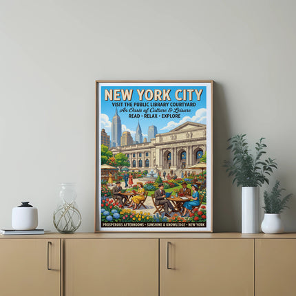 New York City Public Library courtyard poster with people relaxing and exploring.