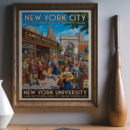New York University vintage poster featuring Campus Bookstore in Greenwich Village.