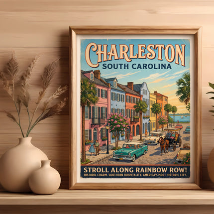 Charleston South Carolina poster featuring Rainbow Row with vintage cars and horse carriage.