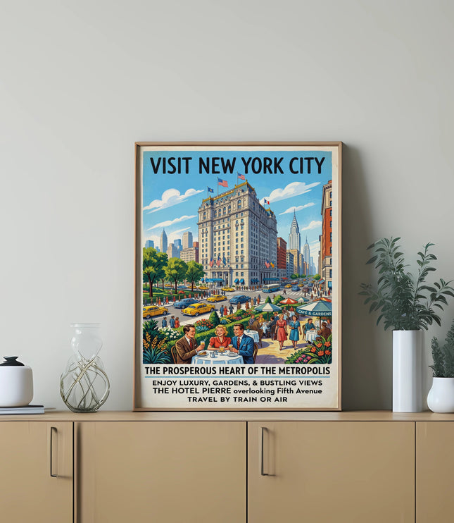 Vintage "Visit New York City" poster featuring hotels, taxis, and people dining.