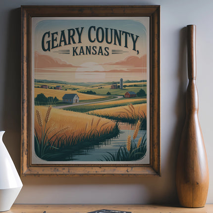 Geary County, Kansas vintage travel poster with rural landscape and wheat fields.