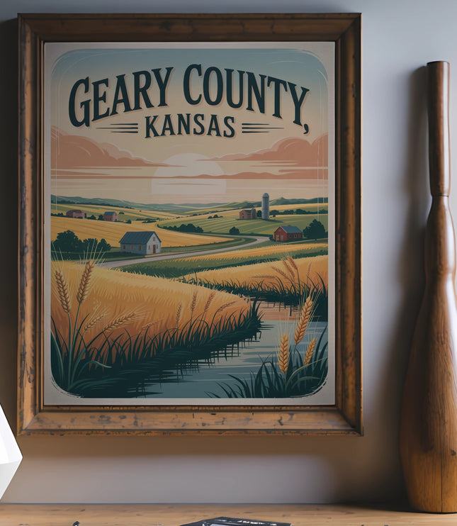 Geary County, Kansas vintage travel poster with rural landscape and wheat fields.