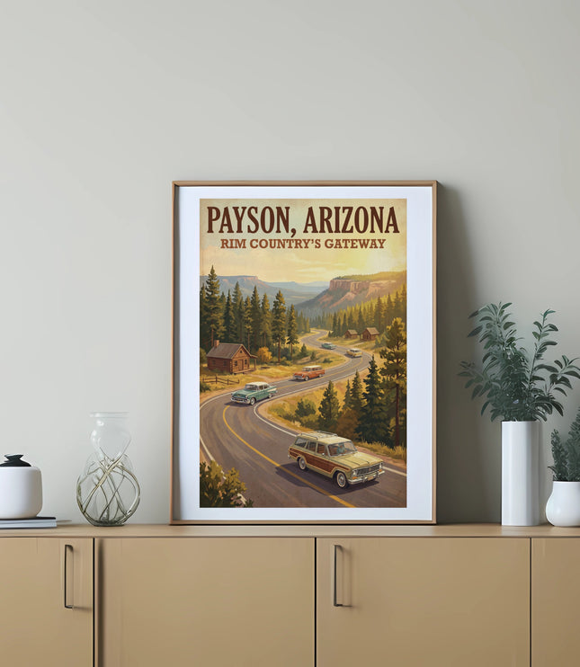 Payson, Arizona poster with cars on a winding road and Rim Country scenery.