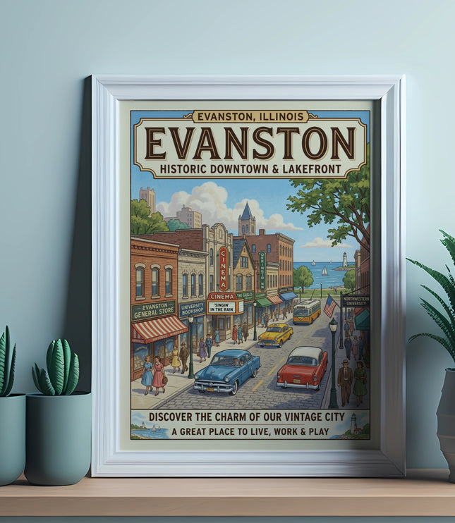 Vintage poster of Evanston, Illinois historic downtown and lakefront scene.