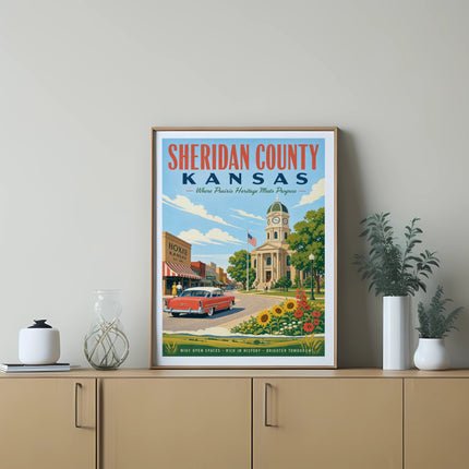 Sheridan County Kansas poster with Hoxie main street scene and vintage car.