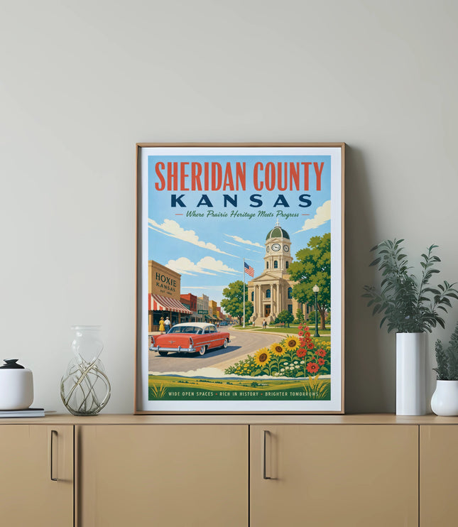 Sheridan County Kansas poster with Hoxie main street scene and vintage car.