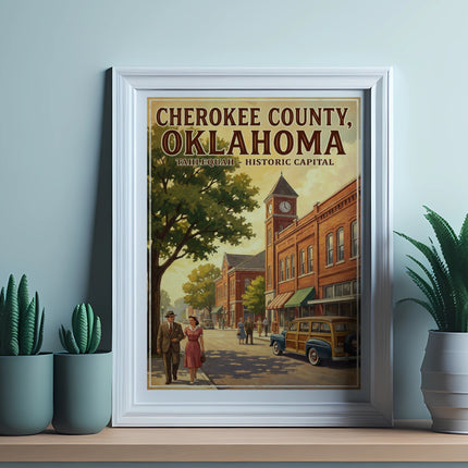 Cherokee County, Oklahoma vintage travel poster with Tahlequah historic capital text.