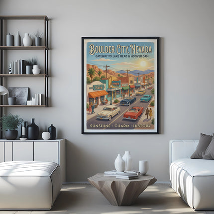 Vintage poster of Boulder City, Nevada, with classic cars and building signs.