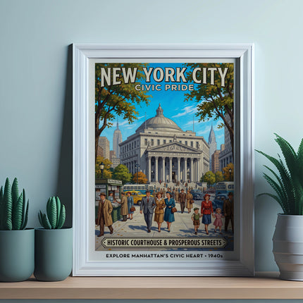 New York City Civic Pride poster showing historic courthouse and streets in the 1940s.