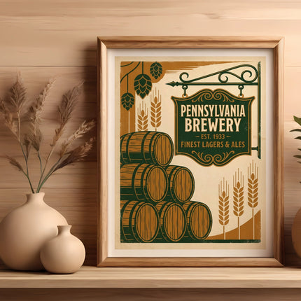 Framed Pennsylvania Brewery sign with barrels, hops, and wheat design.