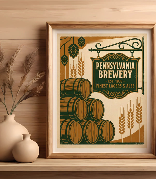 Framed Pennsylvania Brewery sign with barrels, hops, and wheat design.