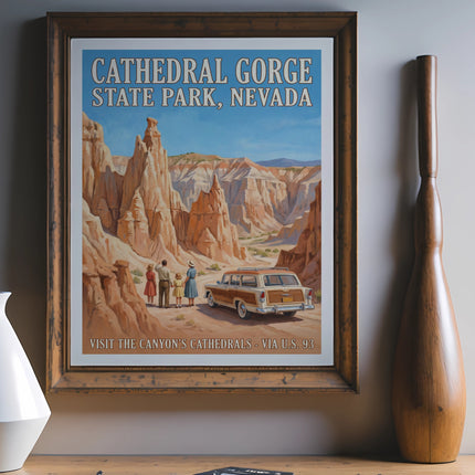 Retro travel poster of Cathedral Gorge State Park, Nevada with a station wagon.