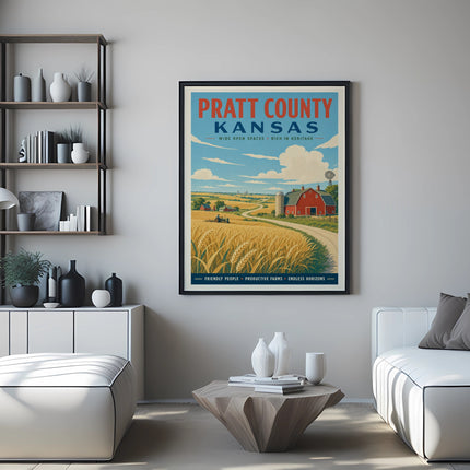 Pratt County Kansas vintage travel poster showing farm landscape.