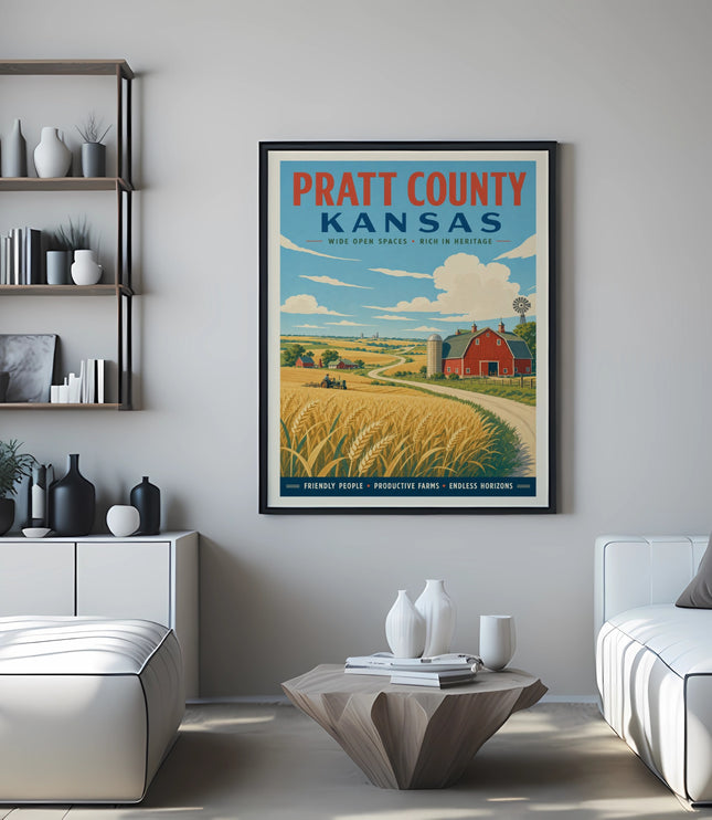 Pratt County Kansas vintage travel poster showing farm landscape.
