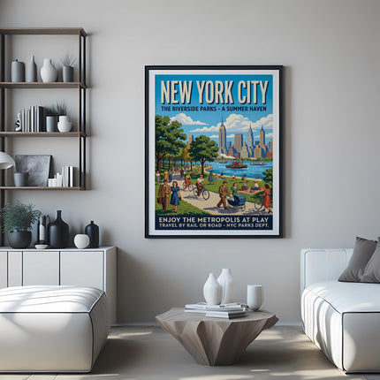 New York City poster depicting riverside parks with people enjoying leisure activities.