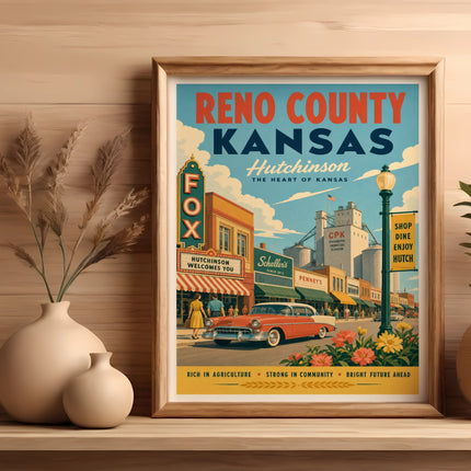 Vintage Reno County, Kansas travel poster featuring Hutchinson and a classic car.