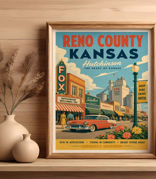 Vintage Reno County, Kansas travel poster featuring Hutchinson and a classic car.