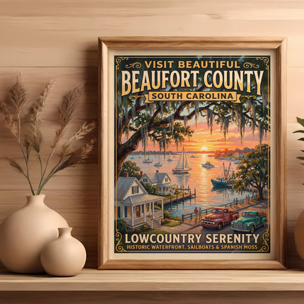 Beaufort County South Carolina poster with historic waterfront, sailboats, and Spanish moss.
