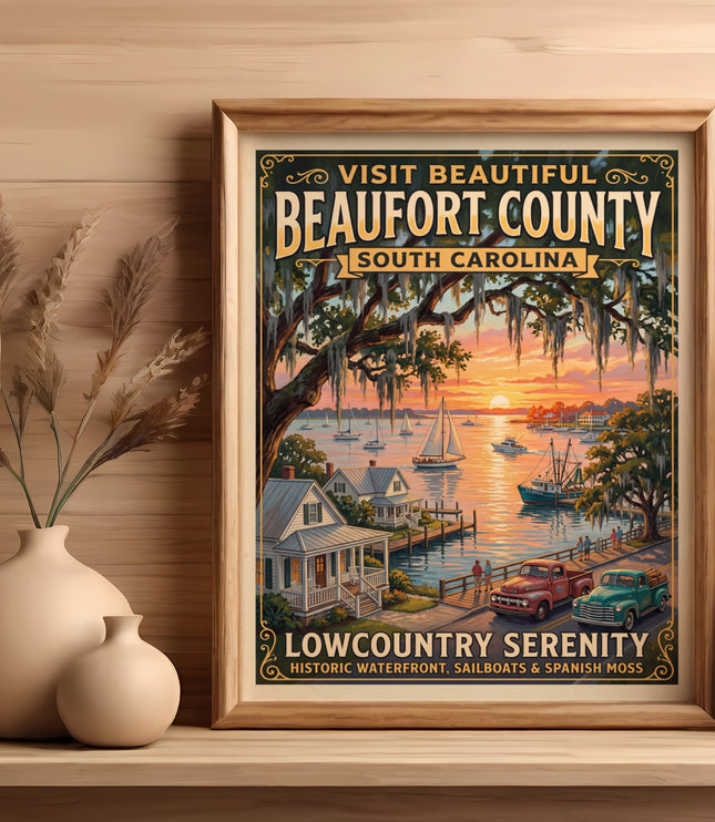 Beaufort County South Carolina poster with historic waterfront, sailboats, and Spanish moss.