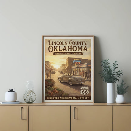Vintage poster of Lincoln County, Oklahoma, Chandler, Route 66, featuring a cafe and classic car.