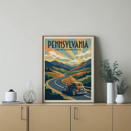 Vintage car on a winding road with "Pennsylvania The Keystone State" text.