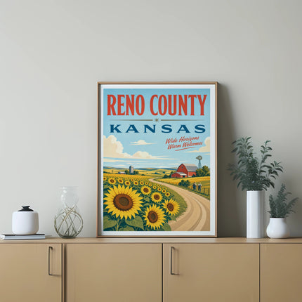 Reno County Kansas poster featuring sunflowers, a road, and a barn.