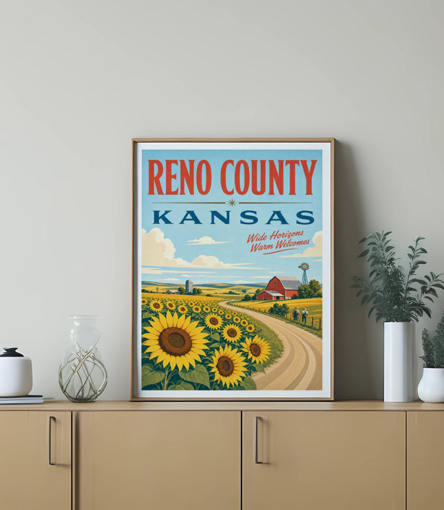 Reno County Kansas poster featuring sunflowers, a road, and a barn.