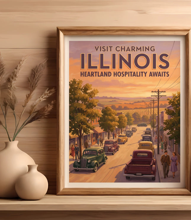 Vintage Illinois travel poster depicting a quaint street scene with cars and people.