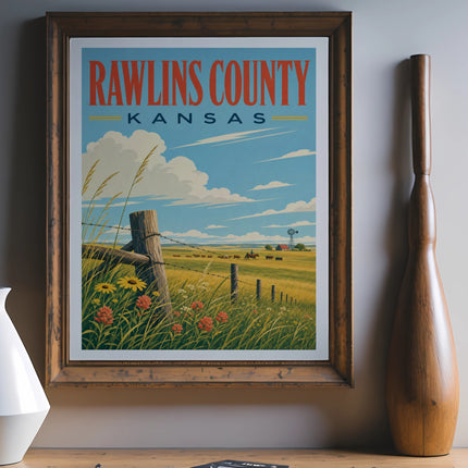 Rawlins County Kansas vintage travel poster with farm scene.