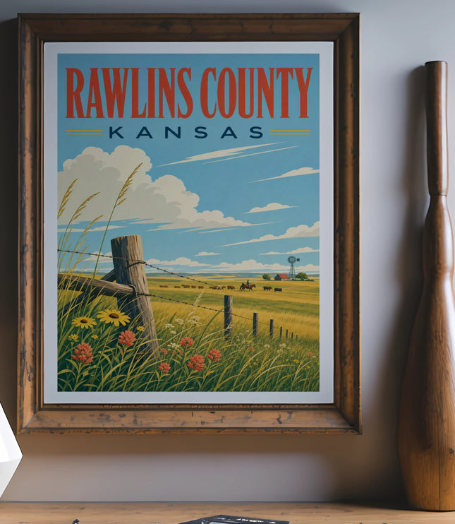 Rawlins County Kansas vintage travel poster with farm scene.